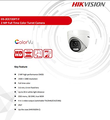 Hikvision Techlogics DS-2CE72DFT-F Color Vu 2MP Dome Full-time Turret Camera, 3.6 mm Lens and White Light Distance 20 m